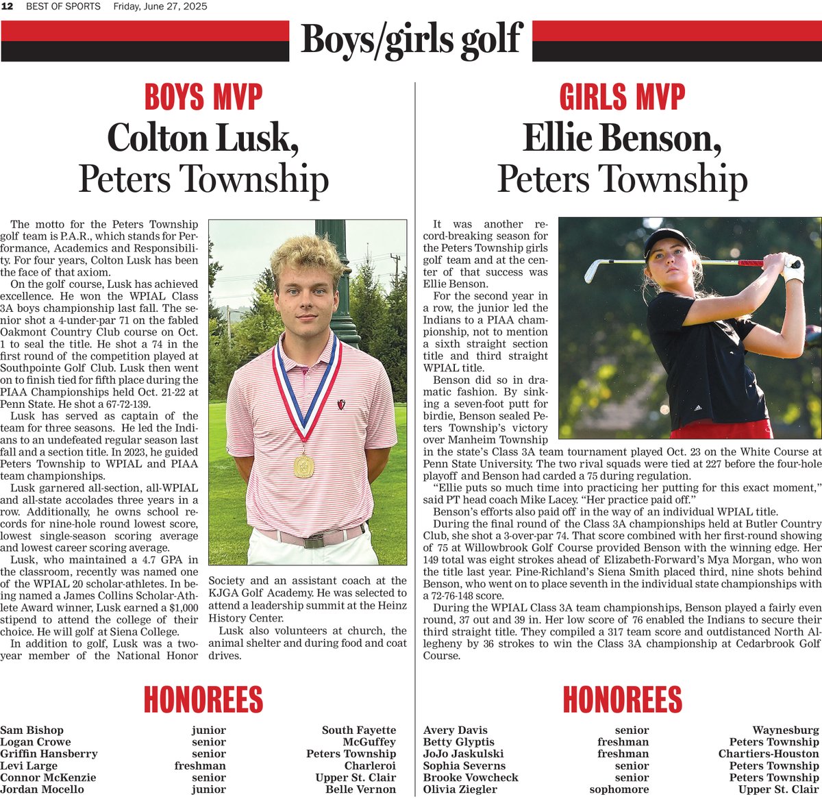 Congratulations Colton Lusk &amp; Ellie Benson! Peters Township pair par for the course as golf MVPs for The Almanac &amp; Observer-Reporter.