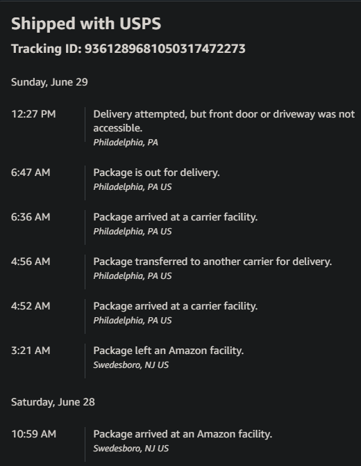 lepprdqueen's tweet photo. So, first @USPS flat out LIED about the external front door to my apartment being inaccessible on 6/29 (when @amazon clearly had no problem getting to it), but now I guess they are never going to try again...? Where are my packages??? @USPSHelp @AmazonHelp https://t.co/RFoWgpxM4h