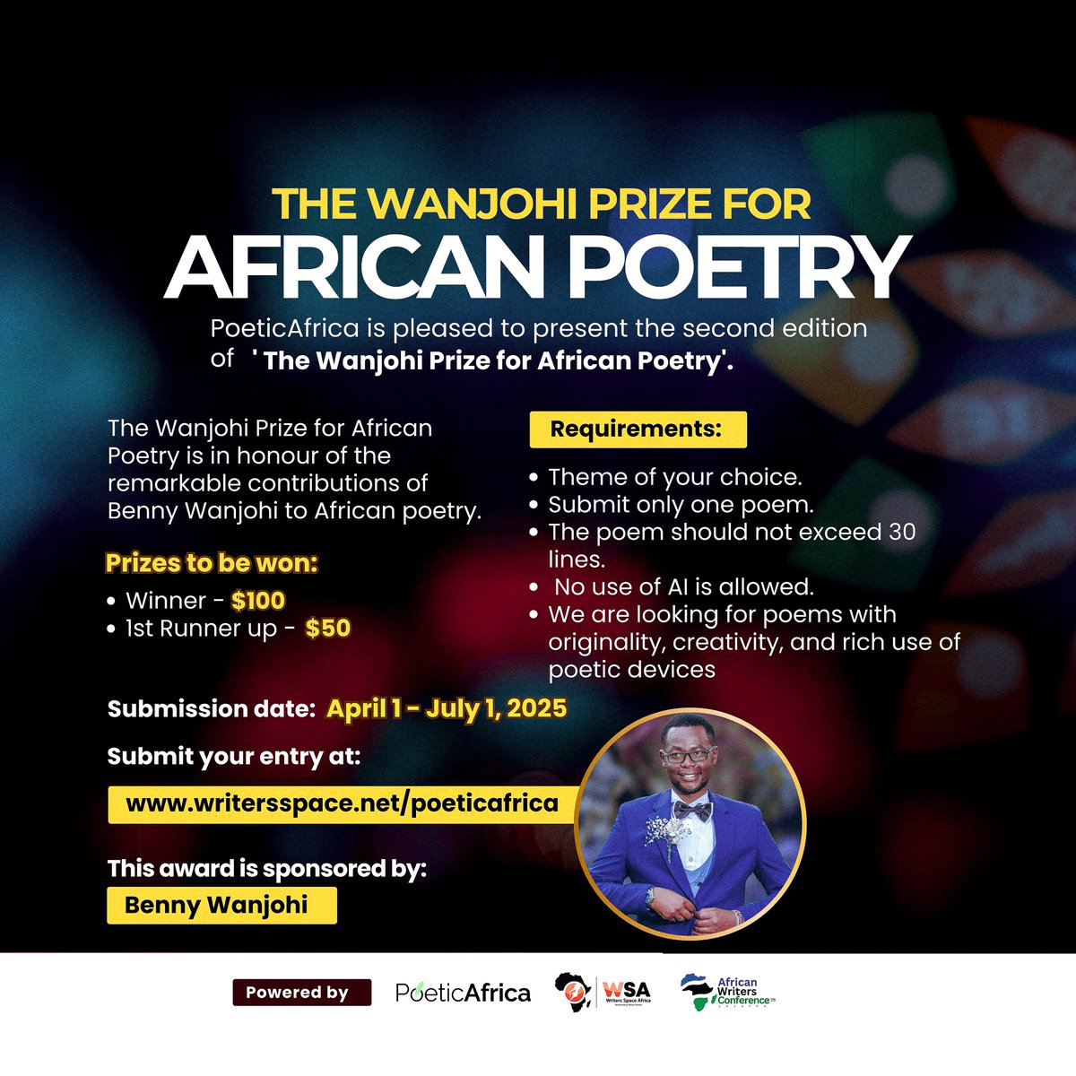 AWC2025's tweet image. FINAL REMINDER!
Submissions for the:
- Wanjohi Prize for African Poetry
- African Teen Writers Award
- African Writers Award
- Wakini Kuria Prize for Children's Literature
closes today, 1st July 2025.
Have you submitted your entry?
#wanjohi
#AWTA
#AWA
#wakini
#lesotho