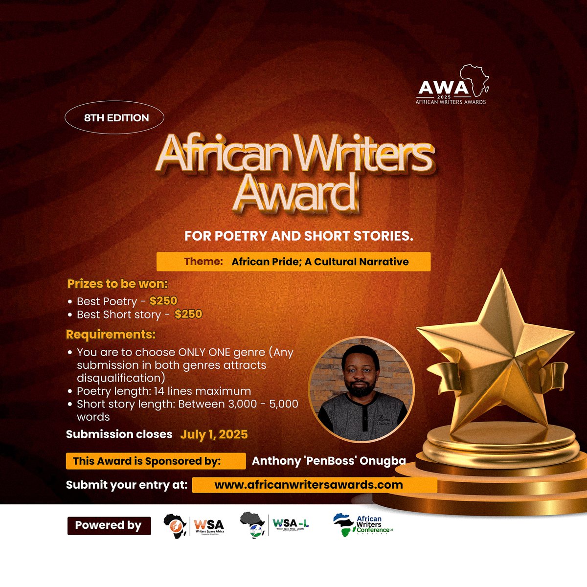 AWC2025's tweet image. FINAL REMINDER!
Submissions for the:
- Wanjohi Prize for African Poetry
- African Teen Writers Award
- African Writers Award
- Wakini Kuria Prize for Children's Literature
closes today, 1st July 2025.
Have you submitted your entry?
#wanjohi
#AWTA
#AWA
#wakini
#lesotho