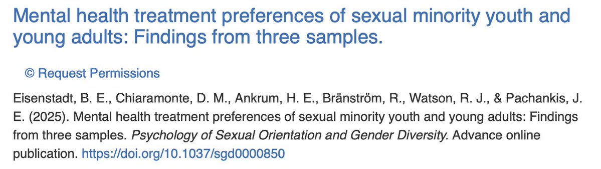 Ben Eisenstadt (@beneisenstadt) on Twitter photo Sexual minority youth and young adults🏳️🌈still typically prefer counselor-led👋over self-guided🤖therapy, and often maintain a desire for in-person🪑services
More findings in this new❗️paper📰 with <a href="/YaleLGBTQhealth/">Yale LGBTQ Mental Health Initiative</a> <a href="/DrRyanJWatson/">Ryan J. Watson</a> <a href="/DaniChiaramonte/">Danielle Chiaramonte</a> & more ⤵️
doi.org/10.1037/sgd000… Sexual minority youth and young adults🏳️🌈still typically prefer counselor-led👋over self-guided🤖therapy, and often maintain a desire for in-person🪑services
More findings in this new❗️paper📰 with <a href="/YaleLGBTQhealth/">Yale LGBTQ Mental Health Initiative</a> <a href="/DrRyanJWatson/">Ryan J. Watson</a> <a href="/DaniChiaramonte/">Danielle Chiaramonte</a> & more ⤵️
doi.org/10.1037/sgd000…