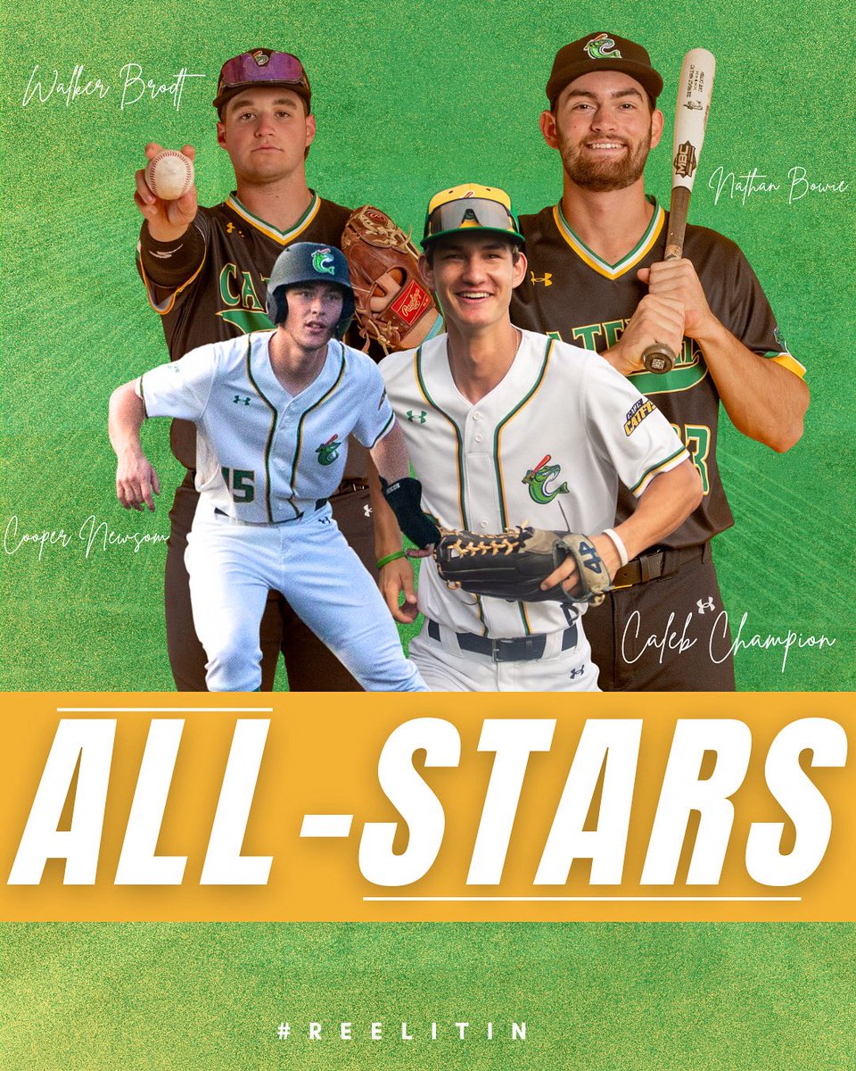 Congratulations to Nathan Bowie, Walker Brodt, Caleb Champion and Cooper Newsom!  These four players were chosen to represent the Catfish in next week’s Prospect League All Star Game in Springfield, Illinois July 7-8. 

#CapeCatfish #Reelitin