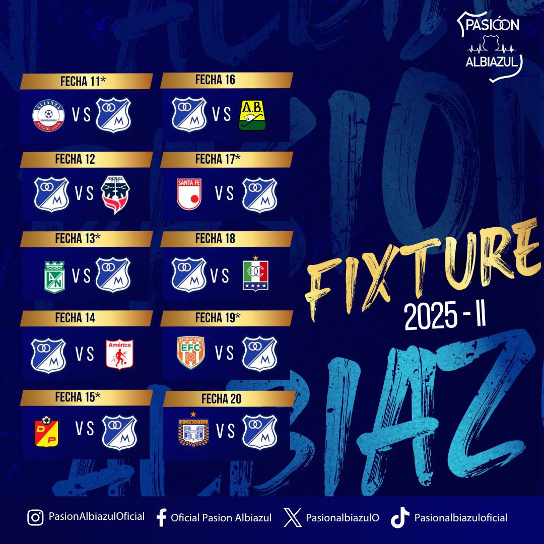 Ⓜ️🚨 FIXTURE oficial de Millonarios para enfrentar la Liga BetPlay 2025-II.  Los * son los partidos de visitante. 
La fecha 1 de los cuadrangulares comenzaría el 15/16 de noviembre y la gran final de ida sería el 6/7 de diciembre y la de vuelta el 13/14.

¡VAMOOOOOS MILLONARIOS!