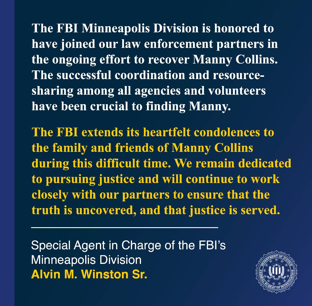 FBIMinneapolis's tweet image. FBI Minneapolis Statement on the Location of Remains of Jordan Manny Collins Jr.
Read more: ow.ly/N0oT50WjmhV