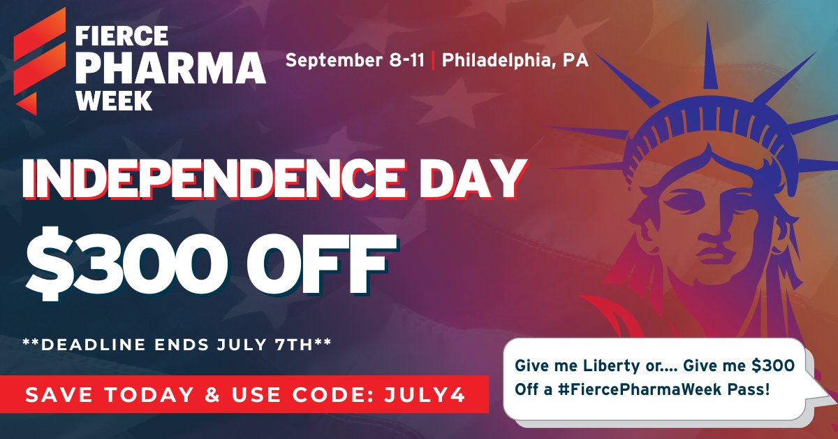 🗽Give me Liberty… or give me $300 off a Fierce Pharma Week Pass! Secure your spot:👉 loom.ly/8uxyt9w Celebrate your freedom to network with our Independence Day Flash Sale. #FiercePharmaWeek #4thOfJulySale