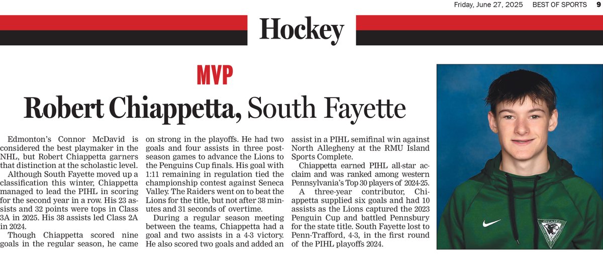 Congratulations Robert Chiappetta! South Fayette icer claims MVP hockey honors for The Almanac &amp; Observer-Reporter.