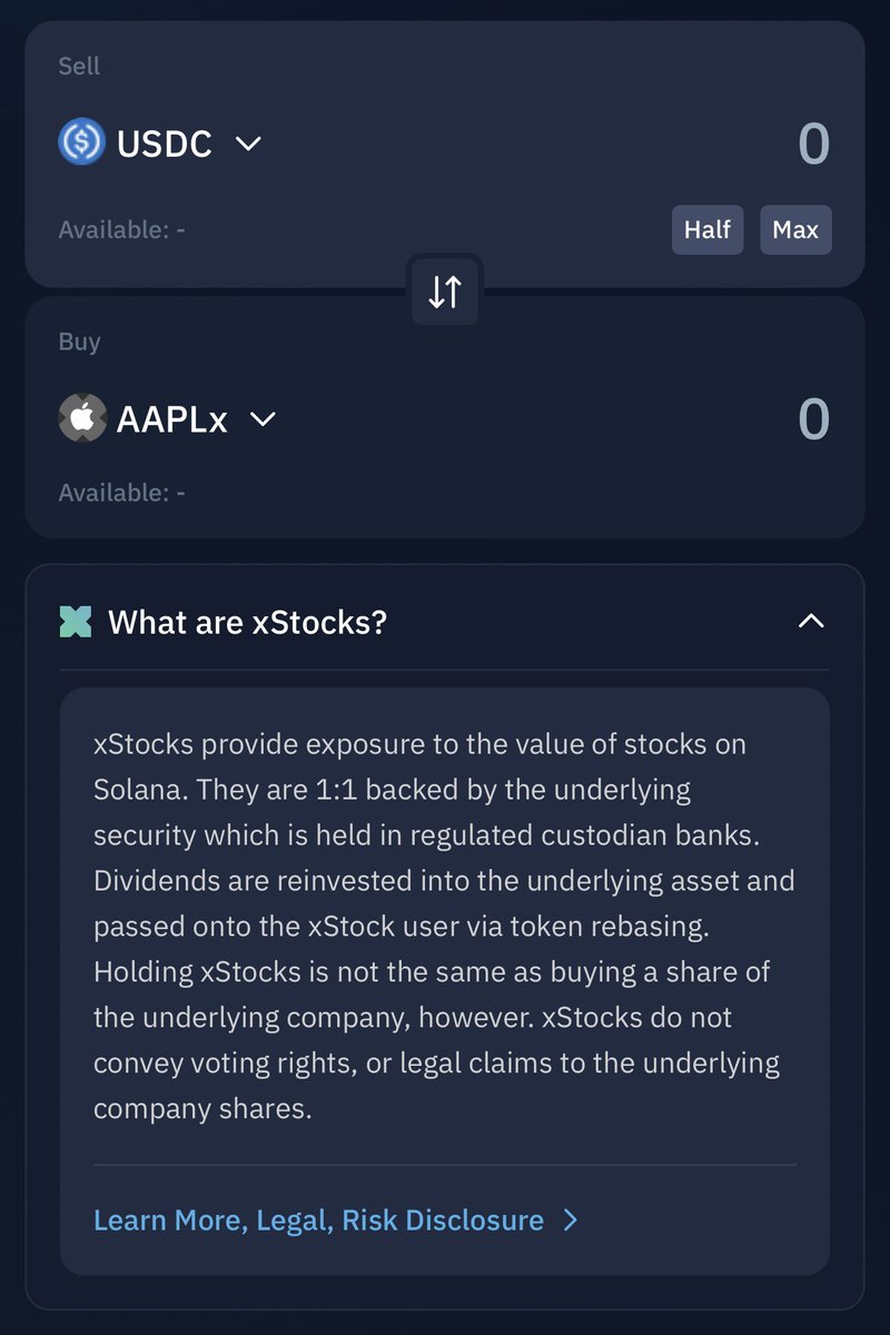 Nice little <a href="/xStocksFi/">xStocks</a> easter egg added to the Kamino Swap UI

Whenever an xStock is selected, you’ll see a brief explainer covering the xStocks basics:

✅ 1:1 Backing
✅ Dividends distribution via rebasing
✅ Zero fees swaps via Kamino