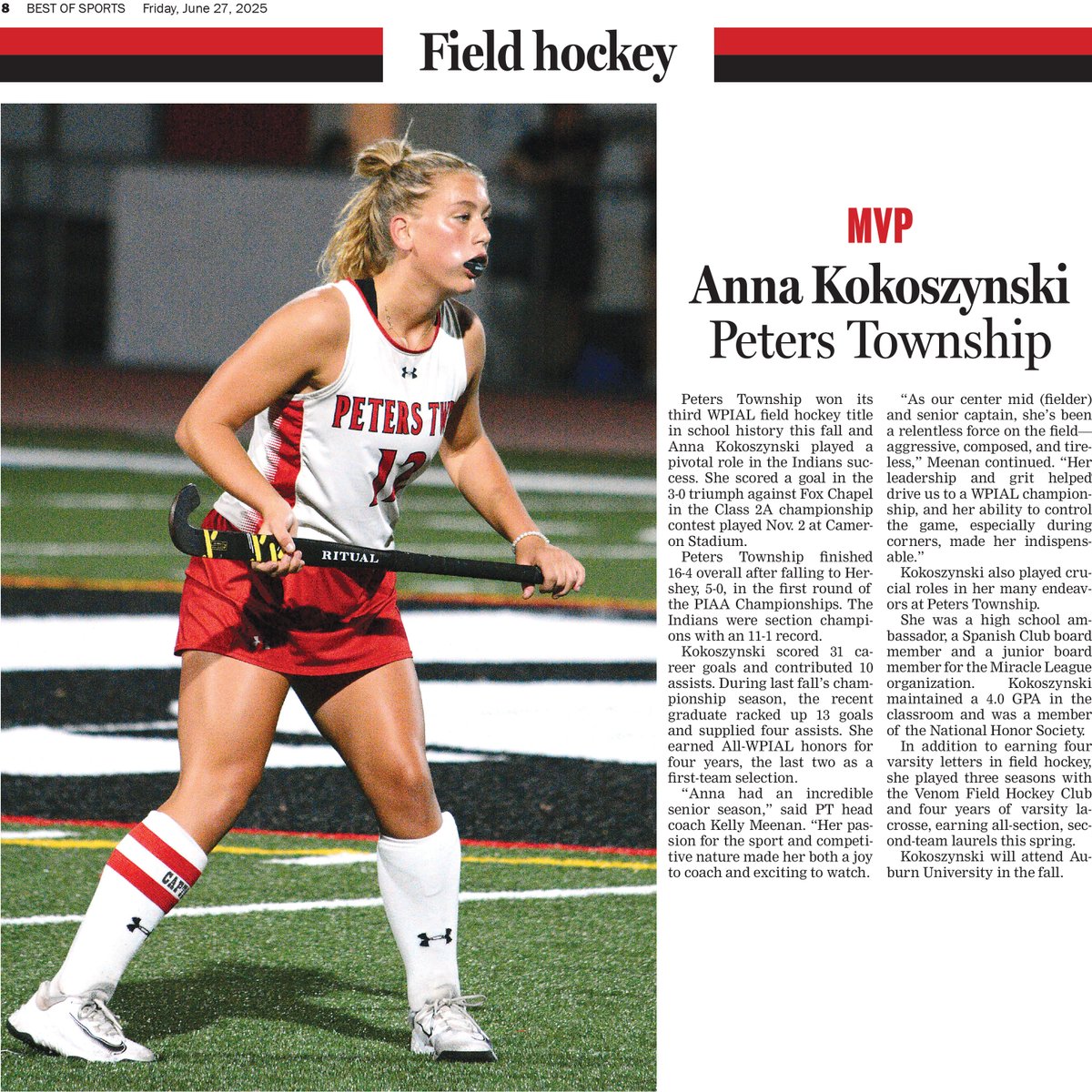 Congratulations Anna Kokoszynski! Peters Township player named Almanac &amp; Observer-Reporter MVP for field hockey!