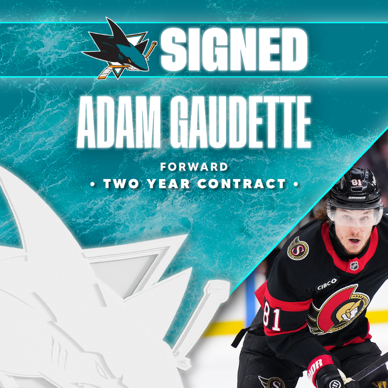 SanJoseSharks's tweet photo. We’ve signed Adam Gaudette to a two-year deal. ✍️