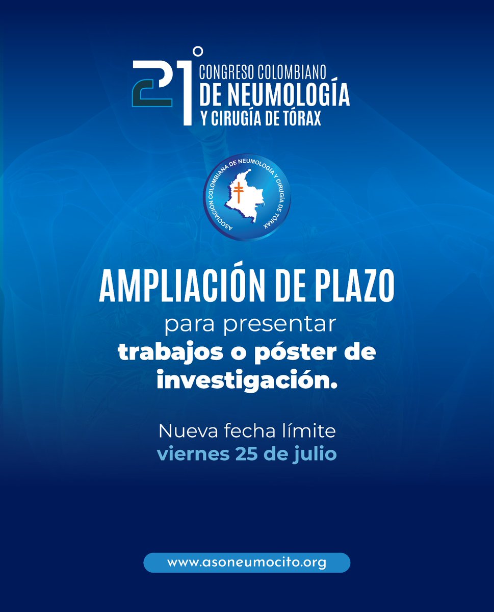 ¿Tienes un trabajo de investigación o póster?
Ampliamos el plazo para que lo presentes. Hasta el 25 de julio puedes enviar tu resumen, si es seleccionado, te contactaremos.
Ingresa aquí: asoneumocito.eventechvirtual.com/trabajos-de-in…
#CongresoASONEUMOCITO2025 #Neumología #CirugíaDeTórax