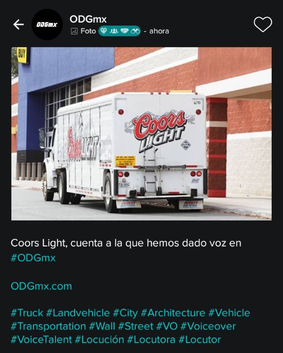 ODG_Mx's tweet image. Coors Light, cuenta a la que hemos dado voz en #ODGmx

ODGmx.com

#Truck #Landvehicle #City #Architecture #Vehicle #Transportation #Wall #Street #VO #Voiceover #VoiceTalent #Locución #Locutora #Locutor