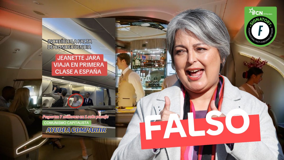 fastcheckcl's tweet photo. 🔎 #FactChecking | Un día después de la victoria de Jeannette Jara, se compartió una imagen de la candidata a bordo de un avión. La publicación asegura que se trata de un viaje de primera clase rumbo a España. Sin embargo, esto es ❌ #Falso.

No te quedes solo con esta bajada: lee todos los detalles aquí 👉 https://t.co/FwvRnwpL7s

Se identificó que se trata de una edición y su propio equipo lo desmintió.