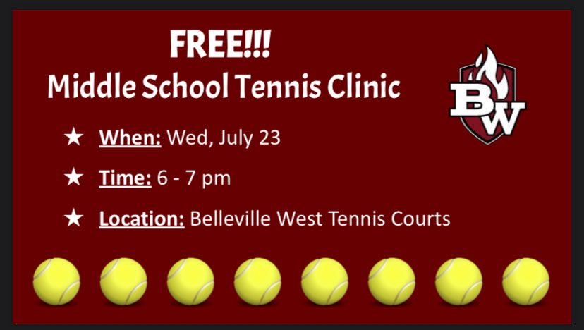 Interested in tennis? Free clinic for grades 5-8! Sign up using the link below! #bwathletics

forms.gle/kPpFJWUu7yRxRN…