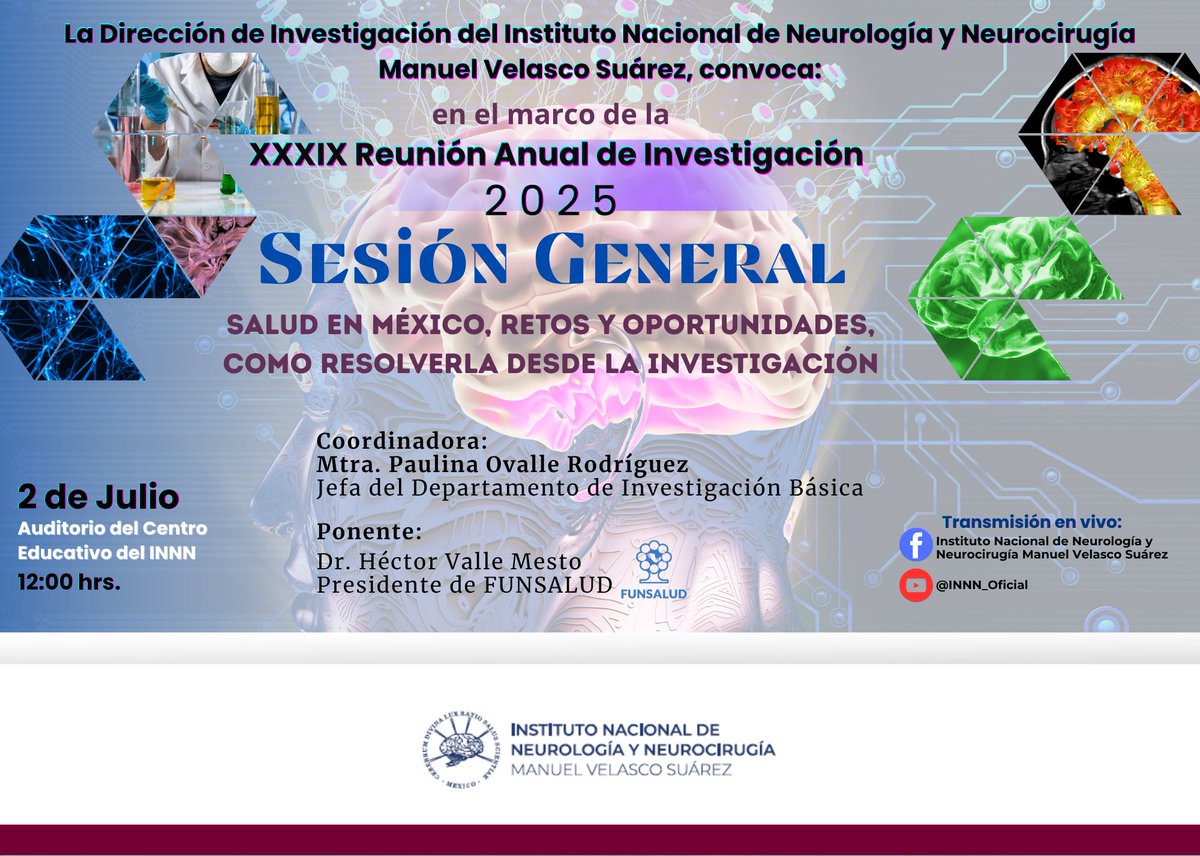 👩‍⚕️👨‍⚕️Sigue mañana miércoles en punto de las 12:00 hrs en el marco de nuestra XXXIX Reunión Anual de Investigación, nuestra Sesión General:
👩‍🏫👨‍🏫 "Salud en México, retos y oportunidades, cómo resolverla desde la investigación".🔬🧪🥼
📶💻Transmisión en vivo en nuestros canales.