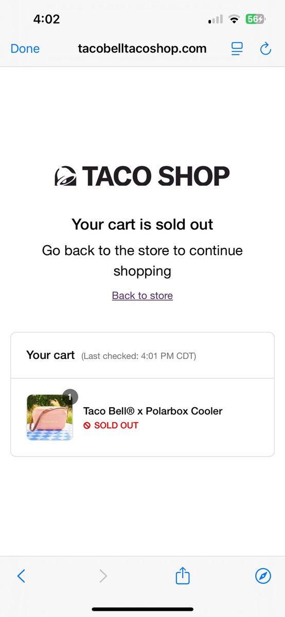 TopSecretStuff's tweet photo. Who actually got the Tuesday Drop from Taco Bell? ๐ ๐ฎ #TacoBell I had it in my cart at 4:00 (2 pm pt) and I had to wait to checkout and then one minute later, it had sold out. Who actually got one? Bummer. #TuesdayDrop I wonโt try again. https://t.co/wFdBUlHEzM