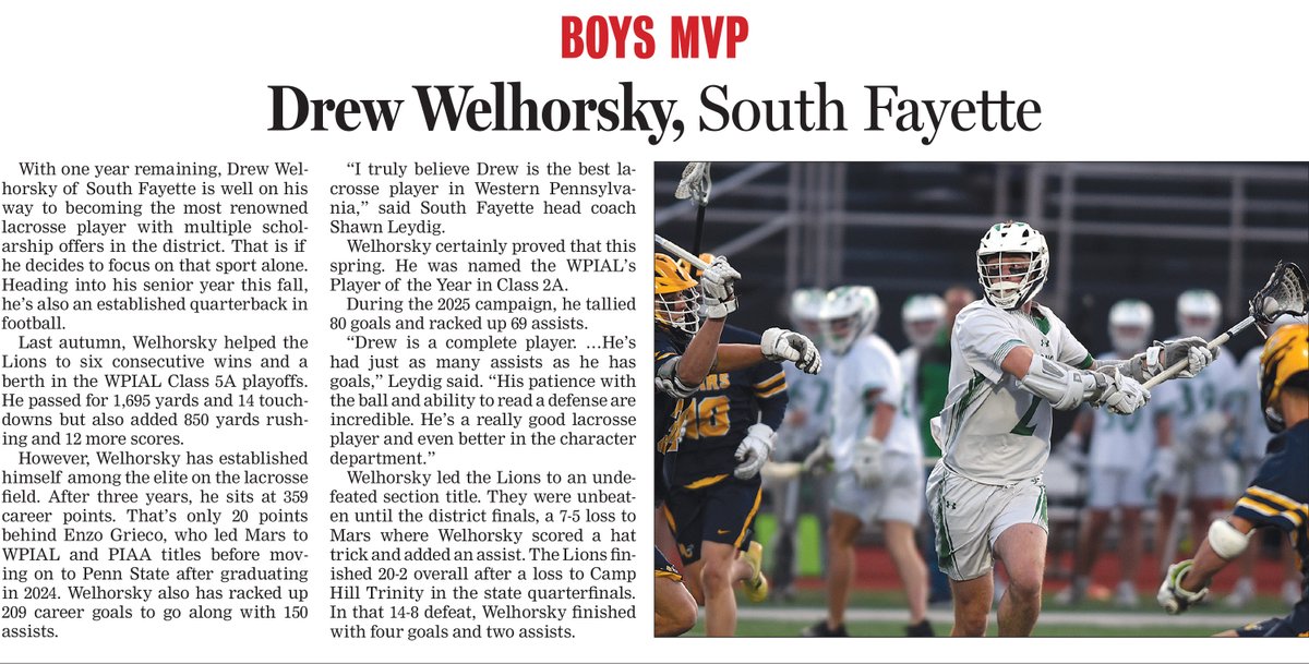 Congratulations Drew Welhorsky! South Fayette midfielder named MVP for boys lacrosse.