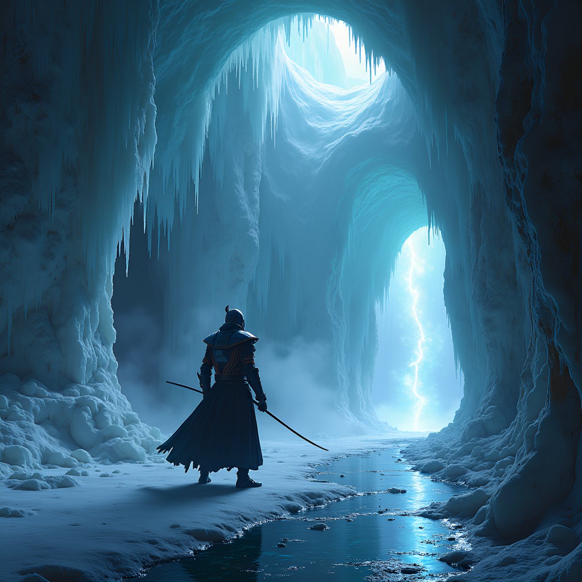PromptSin's tweet photo. Mystical icy cavern with a lone warrior facing the lightning ⚡❄️ #FantasyWorld #IceCave https://t.co/qbPTFOZd9k