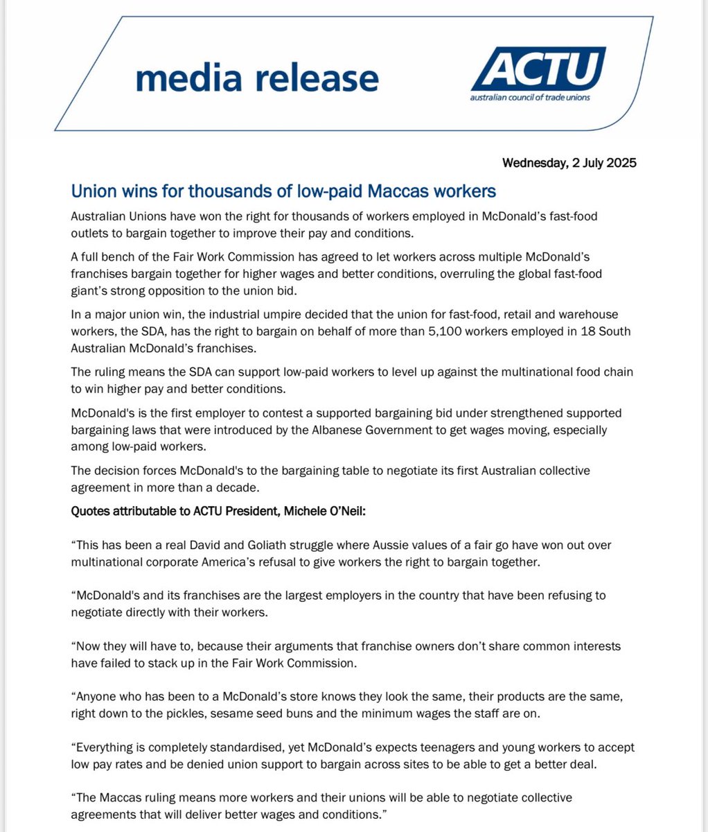 Media release: Union wins for thousands of low-paid Maccas workers