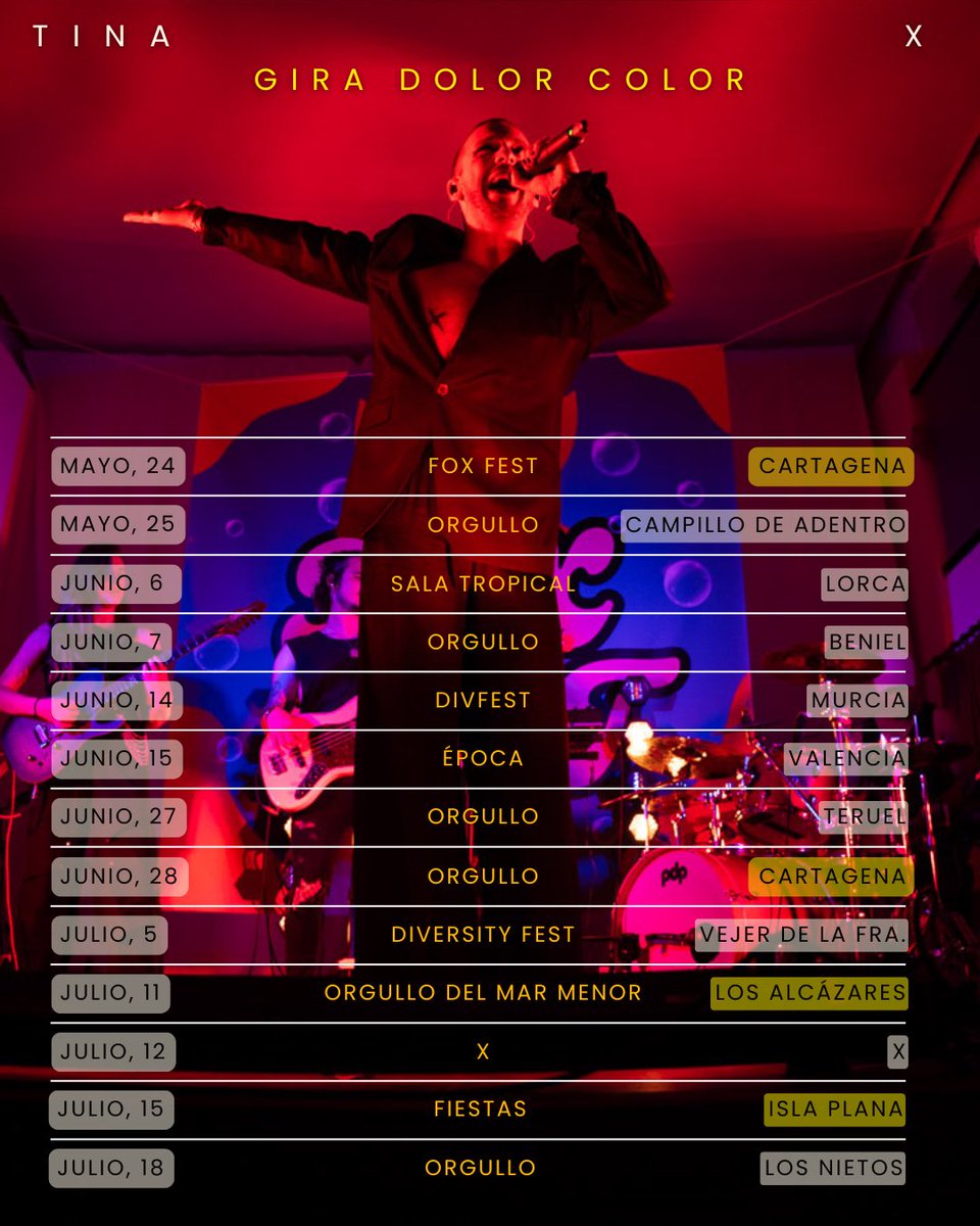Cartel de la GIRA DOLOR COLOR 2025.

Contrataciones abiertas en formato individual y de banda.

*los lugares en amarillo son con banda.