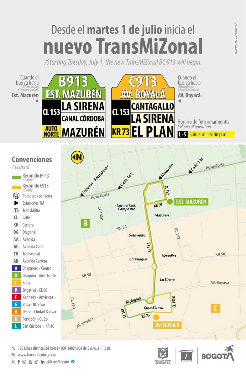 A partir del 1 de julio comienza a operar el nuevo servicio TransMiZonal B913 Estación Mazurén - C913 Avenida Boyacá.