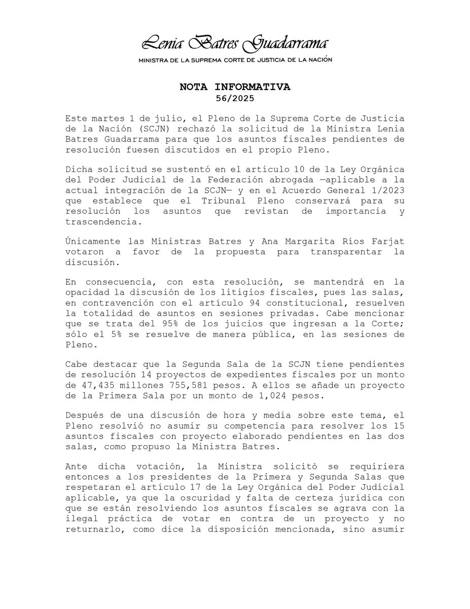LeniaBatres's tweet photo. La SCJN rechazó transparentar la resolución de 15 asuntos fiscales pendientes de votación en las dos salas.

Sin embargo, se deberá cumplir lo que dice el artículo 17 de la Ley Orgánica aplicable (aunque sea en las dos sesiones de salas que quedan):

Ya no podrán votarse asuntos sin sentencia. Los ministros y ministras votan contra un proyecto y, en vez de presentarse otro nuevo con la argumentación correspondiente, se resuelve ¡sin proyecto, sin sentencia! sin saber lo que se está votando.

Esta práctica, además de ilegal, impide la transparencia y una deliberación adecuada.

Mucho dinero en disputa, salas oscuras y atropellada urgencia... Vaya manera de cerrar una época.