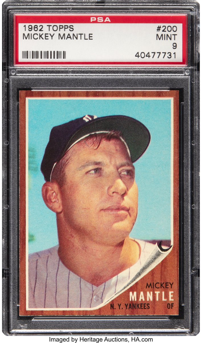 Mickey Blue Skies. Just consigned to <a href="/Heritage_Sport/">Heritage Auctions Sports</a> <a href="/HeritageAuction/">Heritage Auctions</a> &amp; headed to Summer Platinum. This #PSAcard Mint 9, 1962 Topps Mantle is not only very tough in high grade, but the vibrant blue sky contrasted against the dark brown borders gives this card immense eye appeal.