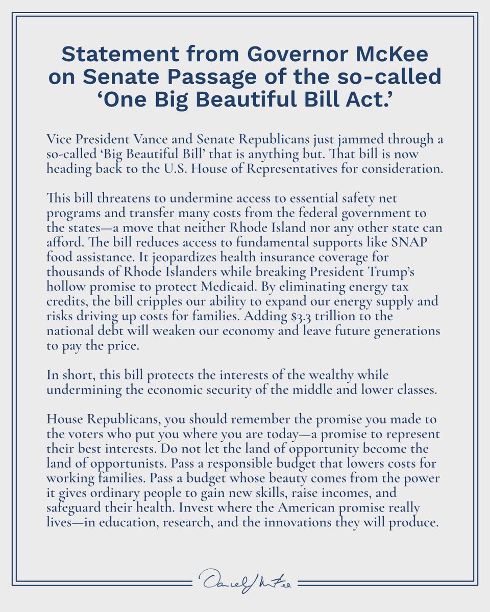 Statement from Governor McKee on Senate Passage of the so-called ‘One Big Beautiful Bill Act.’