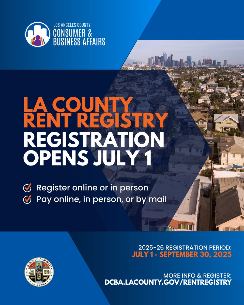 LACDevAuthority's tweet image. The @LACountyDCBA 2025-26 registration for the LA County Rent Registry is NOW OPEN! Landlords and mobilehome park owners in unincorporated LA County who rent rental units, rooms, or spaces, you are required to register your property. For details, visit dcba.lacounty.gov/rentregistry.