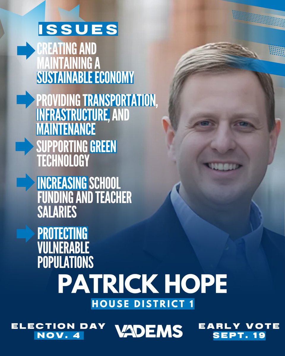 This November, @hopeforvirginia and Virginia Democrats are the last line of defense against Republicans and their attacks on our schools, healthcare, and the economy here in the Commonwealth. Del. Hope has delivered for the people of HD-1, and now he is counting on your vote to