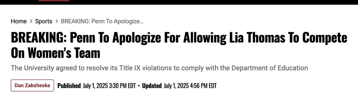 The University of Pennsylvania has not only been found in violation of Title IX but has now agreed to a resolution. 

The Ivy League university will now adhere to biological definitions of male and female, also known as "reality." They will apologize to the women impacted by