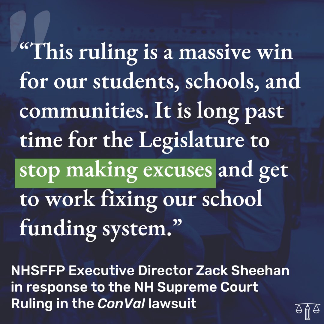 fairfundingnh's tweet image. The NH Supreme Court issued a huge ruling in the ConVal lawsuit, upholding the decision that the State’s base adequacy aid is unconstitutionally low and doesn't provide enough funding for schools to provide students with an adequate education. Read more: fairfundingnh.org/nh-supreme-cou…