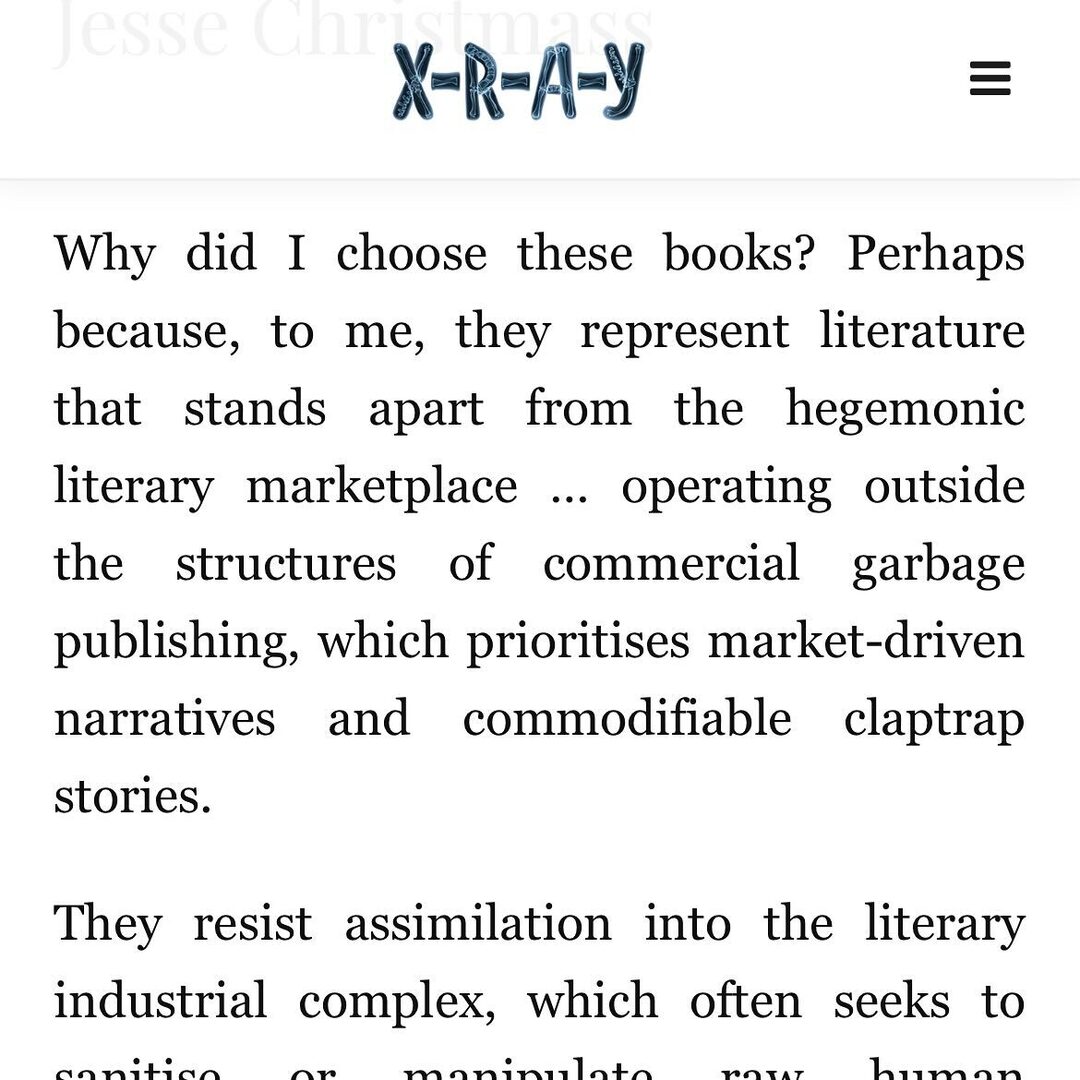 @rebeccagransden was kind enough to ask me to recommend some books and authors for <a href="/xray/">Ray VanKleef</a>.lit.mag - much thanks.

In which I recommend the works of @daniellechelosky <a href="/thomasmoronic/">Thomas</a> @derek_mccormack <a href="/kate_durbin/">Kate Durbin</a> and Édouard Levé (he’s obviously not on soci… instagr.am/p/DLlGwrxzDYO/