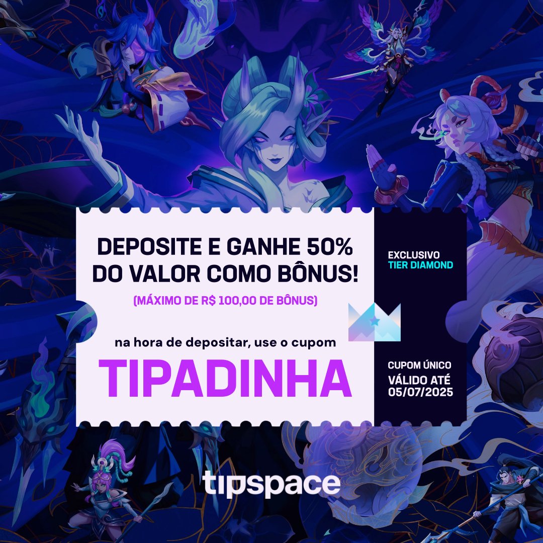 Eae, Diamonds! Bora dar uma tipada? 💎👀

Aproveite também para fazer seu depósito com o cupom TIPADINHA e ganhar 50% do valor depositado como bônus, até um máximo de R$ 100,00! 💰
 
⚠️ Esse cupom é EXCLUSIVO para membros do Tier Diamond
🗓️ Cupom único e válido até 05/07/2025