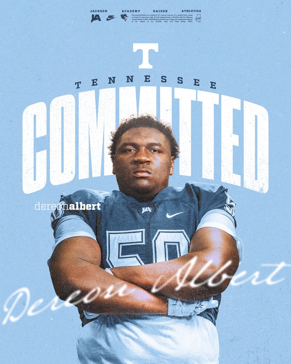 JA Raider Football (@jaraiderfb) on Twitter photo Congratulations to <a href="/DereonAlbert50/">Dereon “Bear” Albert</a> ('26) on his verbal commitment to the University of Tennessee to continue his academic and athletic career.
#GoVols
#WeAreJA
#RecruitTheBlue
#ChangeYourBest Congratulations to <a href="/DereonAlbert50/">Dereon “Bear” Albert</a> ('26) on his verbal commitment to the University of Tennessee to continue his academic and athletic career.
#GoVols
#WeAreJA
#RecruitTheBlue
#ChangeYourBest