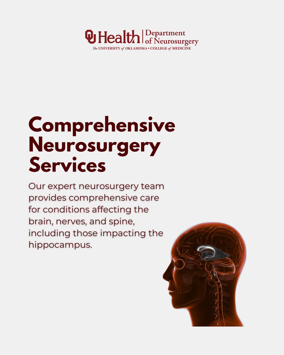 OU_Neurosurgery's tweet image. Continued...
The hippocampus helps you form memories, regulate emotions, and navigate your world. Damage to it is linked to Alzheimer’s, epilepsy & depression. That’s why brain health matters.
Learn how OU Neurosurgery supports care at every stage. tinyurl.com/4c3ydmxm?utm_c…