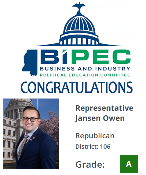 BIPEC (@bipec) on Twitter photo Congratulations Representative <a href="/JansenOwen/">Rep. Jansen Owen</a> on being named a Business Champion for your support of the business and jobs in Mississippi. #msleg
View the full 2025 BIPEC Business and Jobs Report Card here: bipec.org/reportcards/20… Congratulations Representative <a href="/JansenOwen/">Rep. Jansen Owen</a> on being named a Business Champion for your support of the business and jobs in Mississippi. #msleg
View the full 2025 BIPEC Business and Jobs Report Card here: bipec.org/reportcards/20…