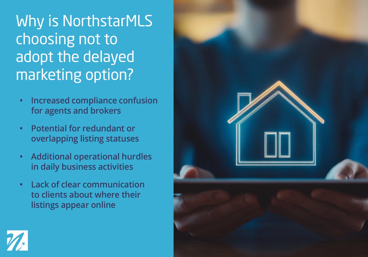 After thorough review, the NorthstarMLS Board of Directors voted to adopt NAR’s mandatory Multiple Listing Options for Sellers policy but NOT implement the optional delayed marketing exempt listings category or limit IDX/syndication feeds.

Read more here: northstarmls.com/insights/north…