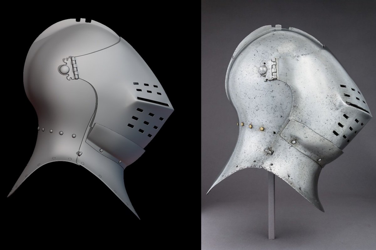Knights_Path's tweet image. We’ve been a bit quiet lately, but only because we’re busy finishing and polishing several things at once - lots of work, just not much to show yet.
In the meantime, here’s a work-in-progress of our 3D model: a beautiful British Great Bascinet from 1490, designed for foot combat.…