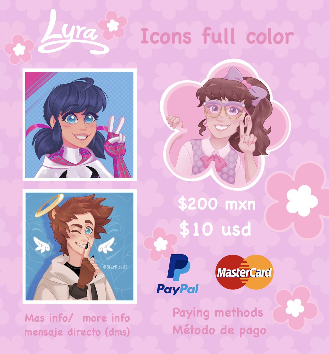 StarFirell1's tweet image. ✨🌸¡Comisiones abiertas!🌸✨
🌸 Pfp/ icons
🌸 Chibi
🌸 full character/ personaje
🌸 prices/ precios en mxn y usd!
🌸if interested and more info pls reach out in dms💌
🌸 Si te interesa y gustas saber más información por favor de comunicarse por mensaje directo💌