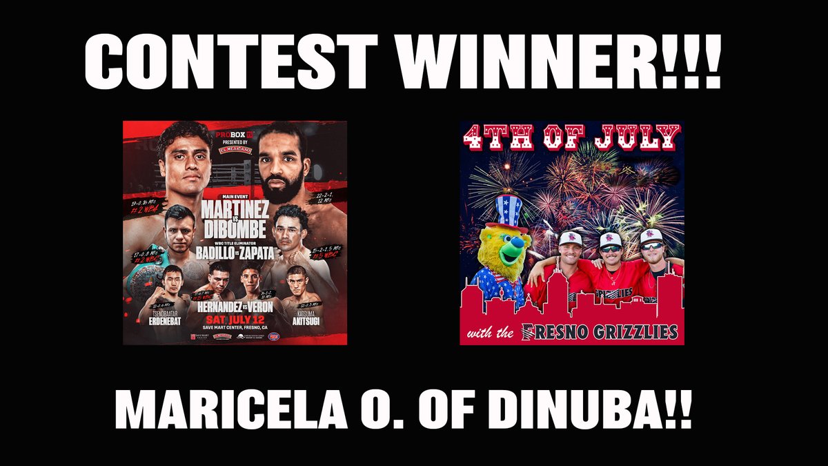 Congratulations to Maricela O. of Dinuba.  She won 4 tickets to the Fresno Grizzlies Independence Fireworks Extravaganza this Friday, July 4th and 4 tickets to the ProBox TV boxing event July 12th.  Big thanks to everyone that participated!

#fresnogrizzlies #proboxTV #smcrocks
