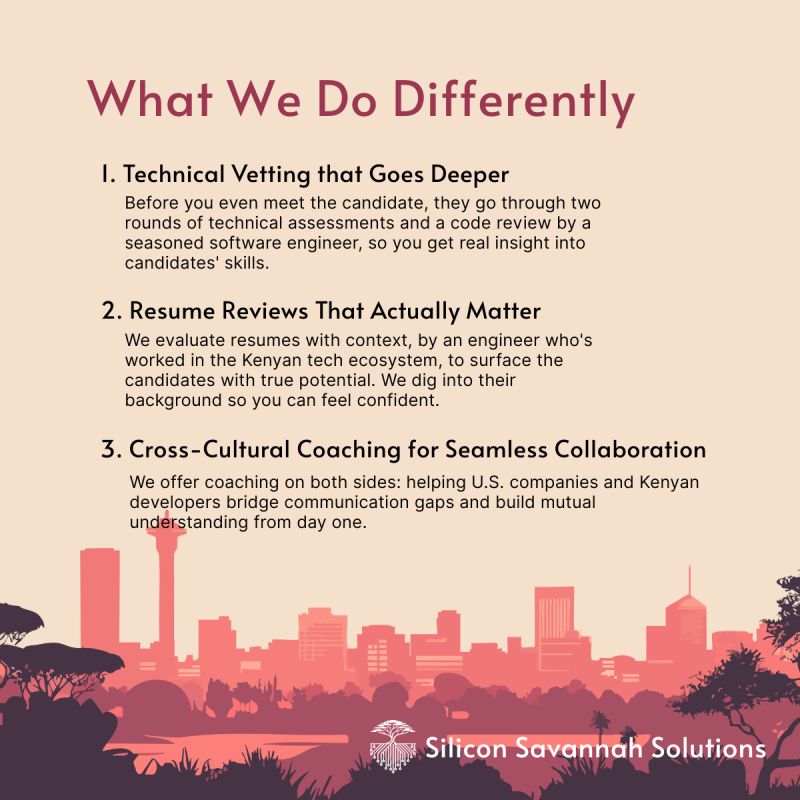 We don't just source developers: we shape high-functioning global teams.
✔️ Real code reviews
✔️ Resume reviews with local context
✔️ Cross-cultural coaching
#KenyaTech #RemoteEngineering
