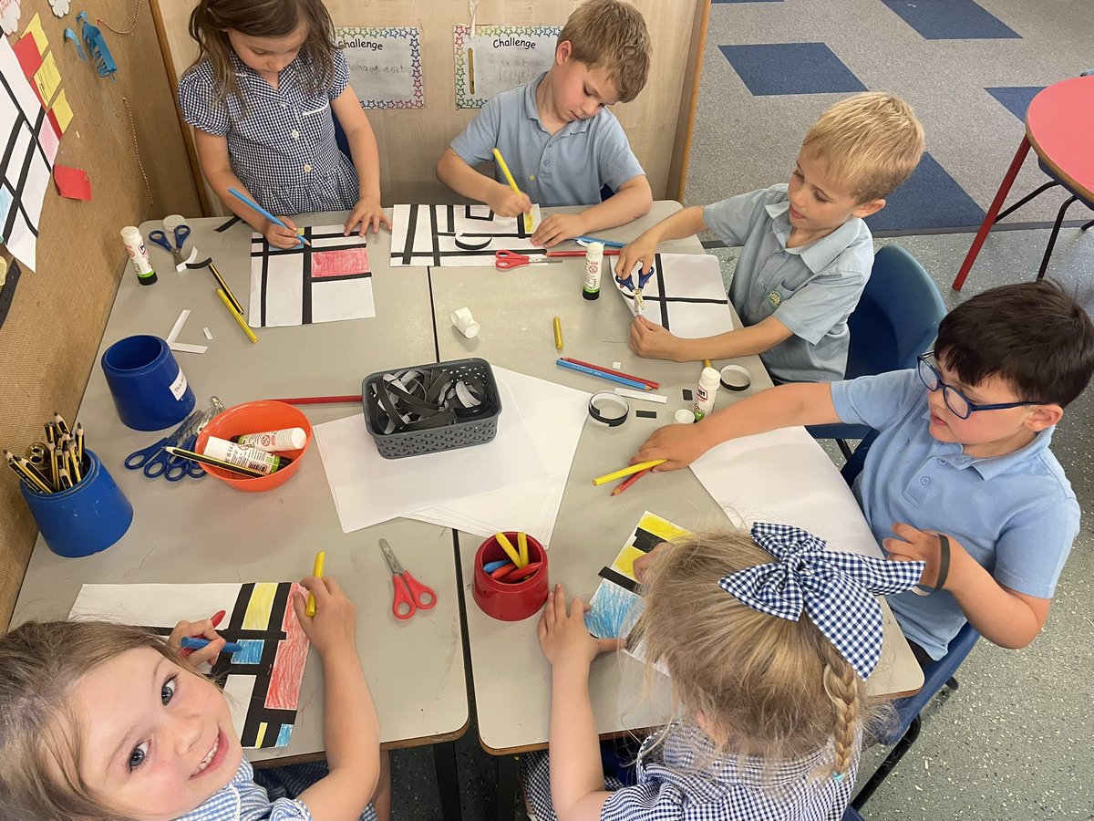 Great artwork created today for our Blue rainbow challenge- inspired by artist Piet Mondrian🔴🔵🟡⚫️⚪️ #ArtatBroadoak