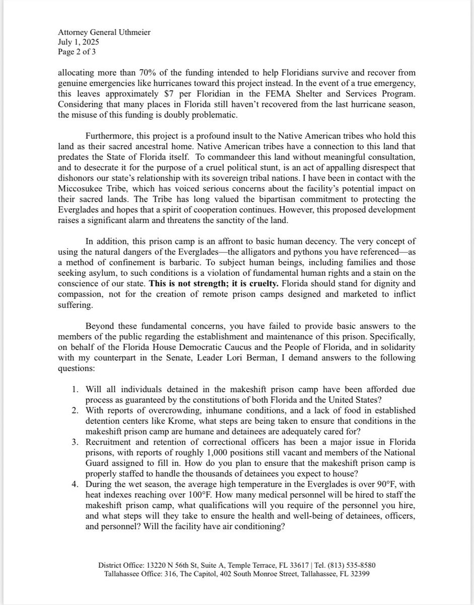 FentriceForFL's tweet image. Today, I sent a letter to the Florida Attorney General demanding answers on the Everglades Immigrant Detention Center.
The State is fast-tracking construction of this facility in one of the most ecologically sensitive regions of our state with no transparency, no oversight, and…
