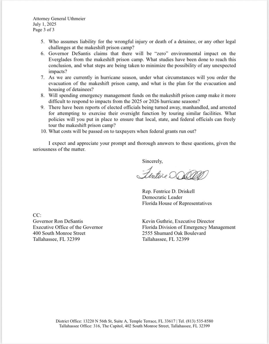 FentriceForFL's tweet image. Today, I sent a letter to the Florida Attorney General demanding answers on the Everglades Immigrant Detention Center.
The State is fast-tracking construction of this facility in one of the most ecologically sensitive regions of our state with no transparency, no oversight, and…