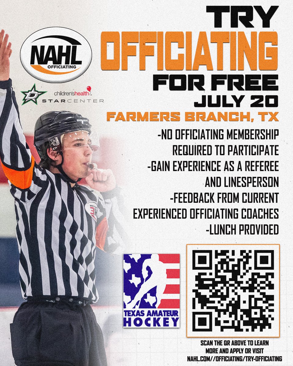 Applications close this Friday for our Try Officiating for Free clinic, taking place July 20 in Farmers Branch, TX. This is a great opportunity to explore what it’s like to be a hockey official — at no cost. Click the link below to apply and learn more 🏒

🖇️: