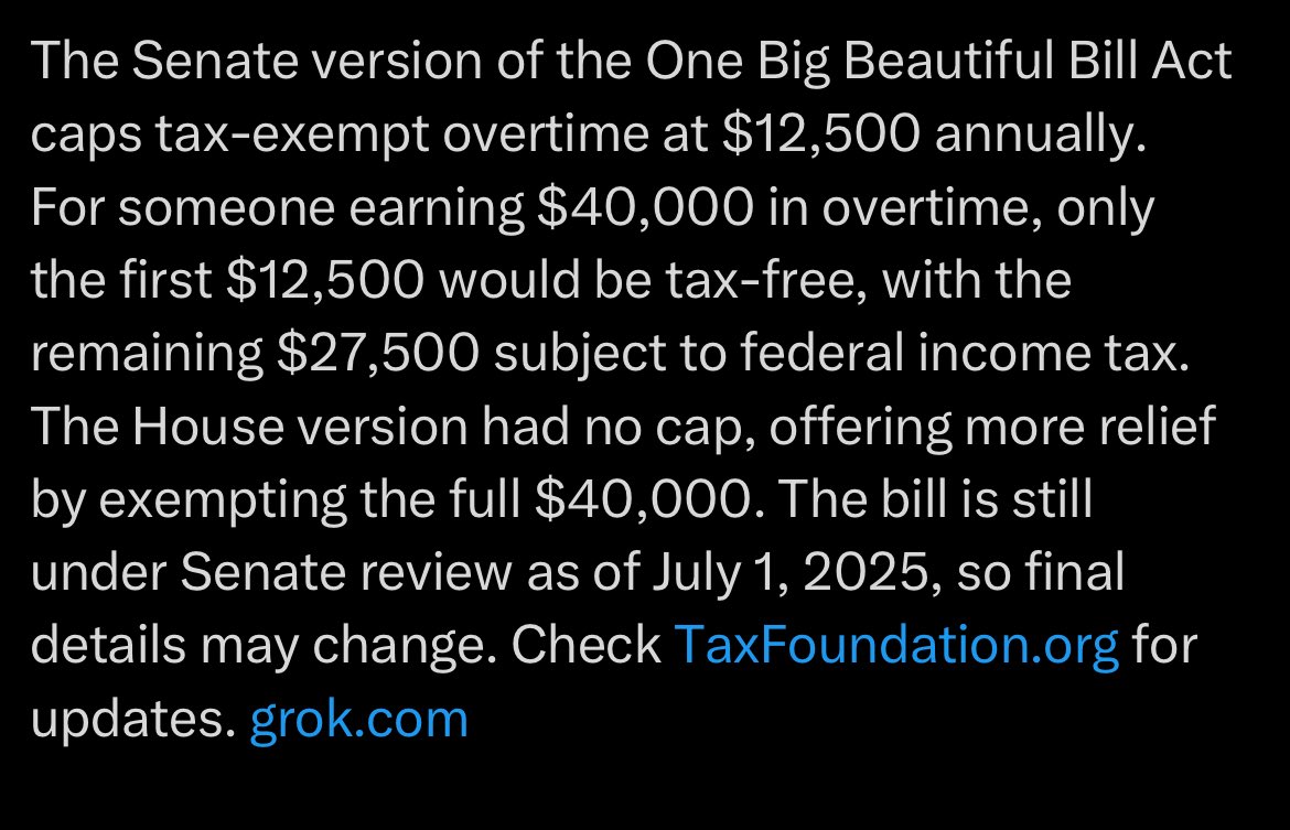 “No tax on OT”
Turned into- only for the first $12,500 And it’s only happening until 2028

😂
I make $33.60/ hour
That’s $69k a year *nice😏

My highest income year I brought in $120k
$50k in OT

So this would barely change anything… $5k or so for the year 

Dumb