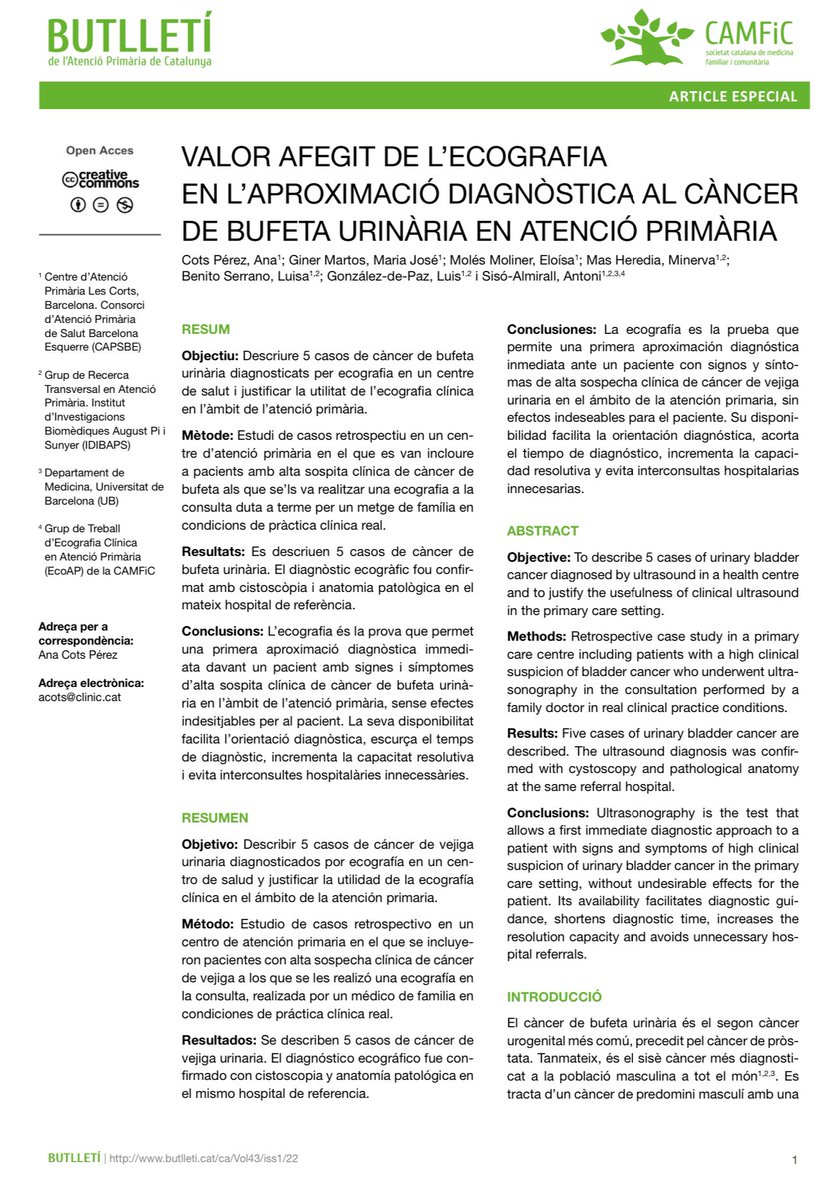 Valor afegit de l’ecografia (-en el punt d’atenció al pacient-) en l’aproximació diagnòstica al Càncer de bufeta urinària en Atenció Primària.
Per Dra. Anna Cots (R3) et al. <a href="/CAPSBEsq/">CAPSBE</a> #POCUS 
<a href="/UDMAFICclinic/">UDMAFICclinicmater</a> 

butlleti.cat/ca/Vol43/iss1/…