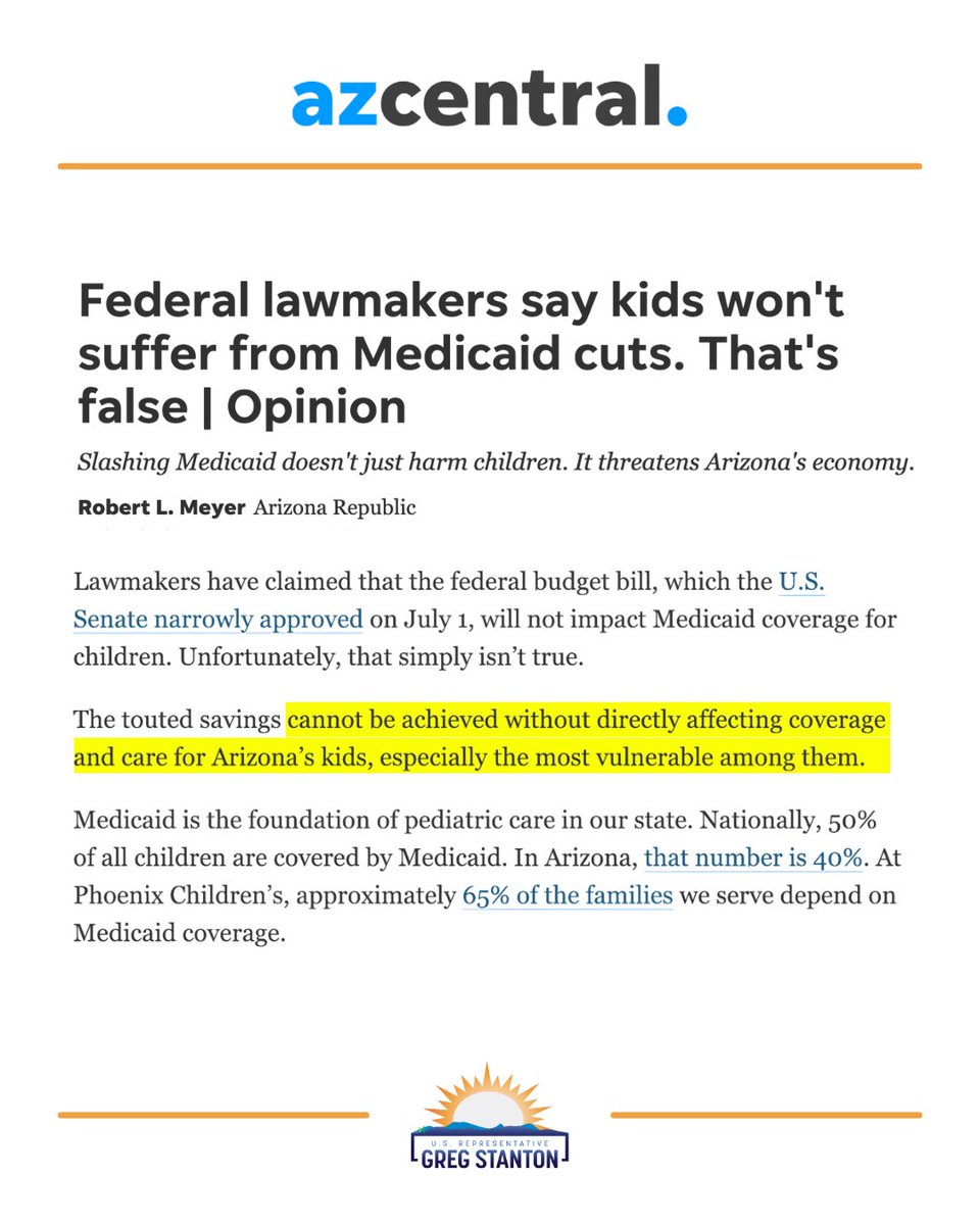 Rep. Greg Stanton (@repgregstanton) on Twitter photo The head of <a href="/PhxChildrens/">Phoenix Children's</a>—one of the largest pediatric health care systems in the country—sets the record straight.
Republicans' budget bill rips care away from kids and hurts Arizona's economy.
Read his full op-ed: azcentral.com/story/opinion/… The head of <a href="/PhxChildrens/">Phoenix Children's</a>—one of the largest pediatric health care systems in the country—sets the record straight.
Republicans' budget bill rips care away from kids and hurts Arizona's economy.
Read his full op-ed: azcentral.com/story/opinion/…