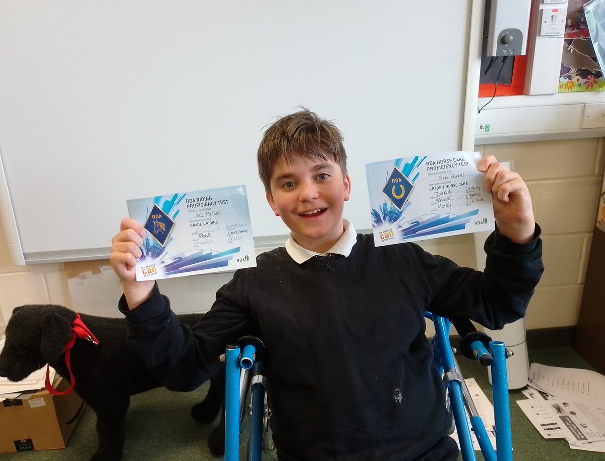 BanffAcademyBXA's tweet image. Congratulations to Seb who received his Riding for the Disabled Association (RDA) certificates for Riding Proficiency and Horse Care, Grade 1, and the Endurance 5K! 🐎