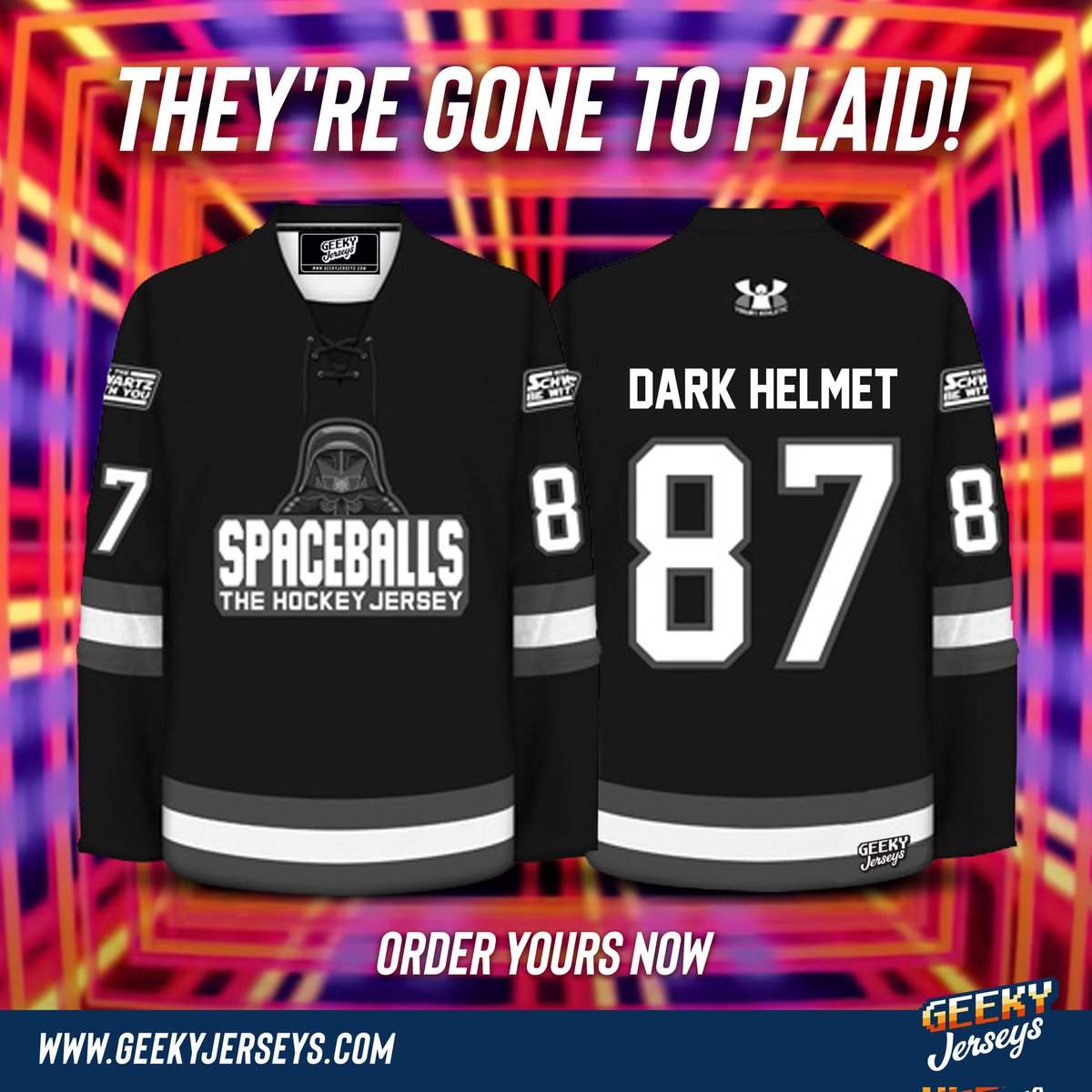 Personalize yours now with any name and number.
Available for a limited time only.
#theyvegonetoplaid #plaid #spaceballs #spaceballsthemovie #darkhelmet #maytheschwartzbewithyou #hockeyjersey #scifimovies #hockeyjerseys